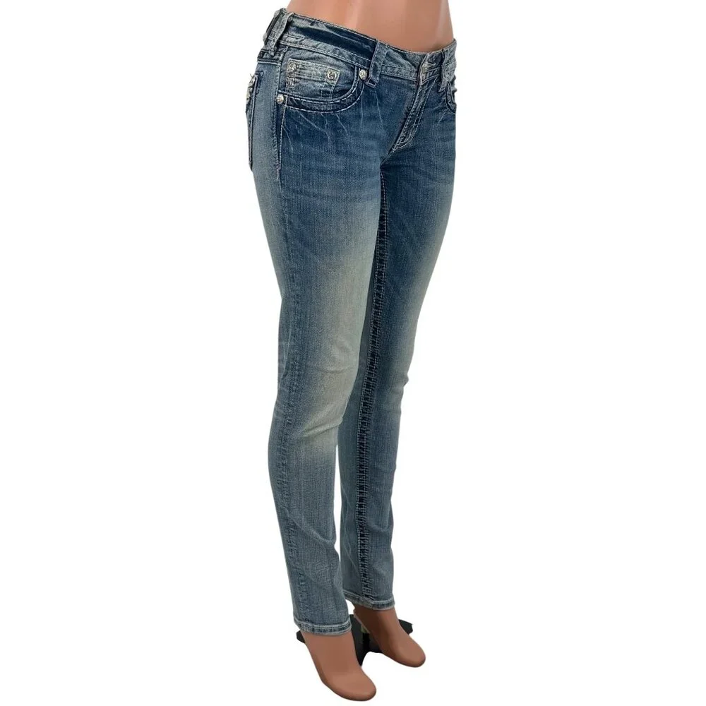 Miss Me Rhinestone Wing Distressed Skinny Jeans | McBling Y2K Early 2010s Tumblr - Picture 5 of 16